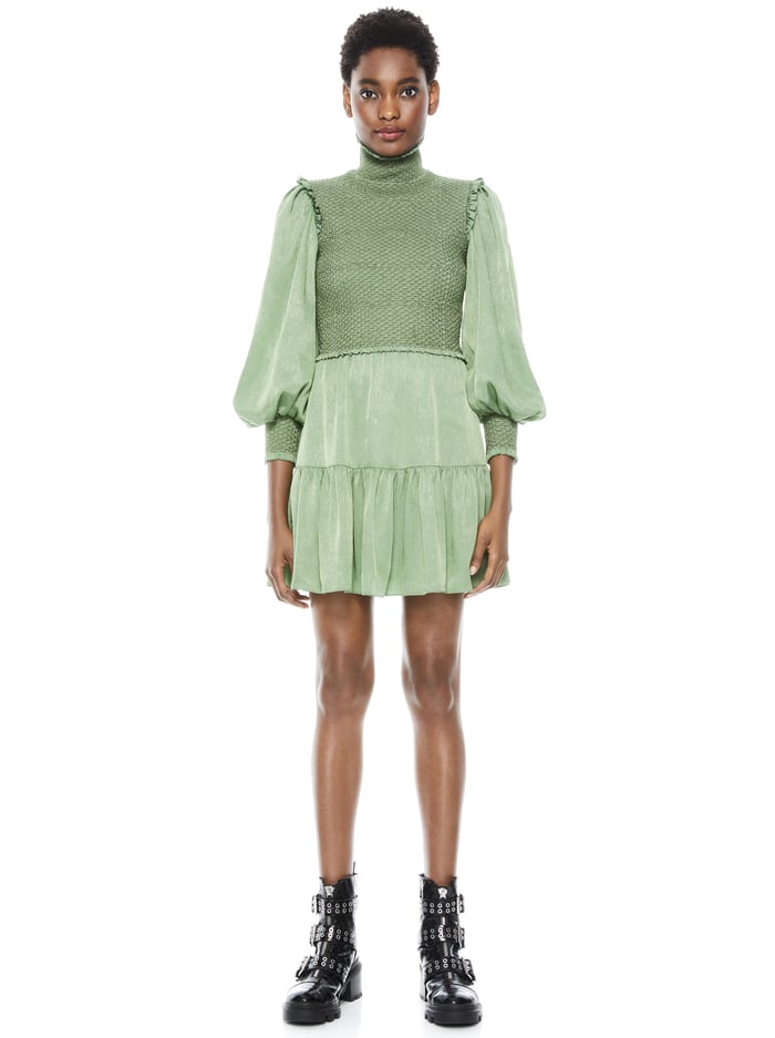 ELVIRA SMOCKED MOCK NECK MINI DRESS - SAGE image 1 - Alice And Olivia