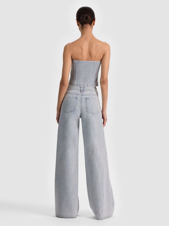 ROCKSTAR BLUE/CLEAR CRYSTAL PI-KELCEY STRAPLESS EMBELLISHED DENIM VEST