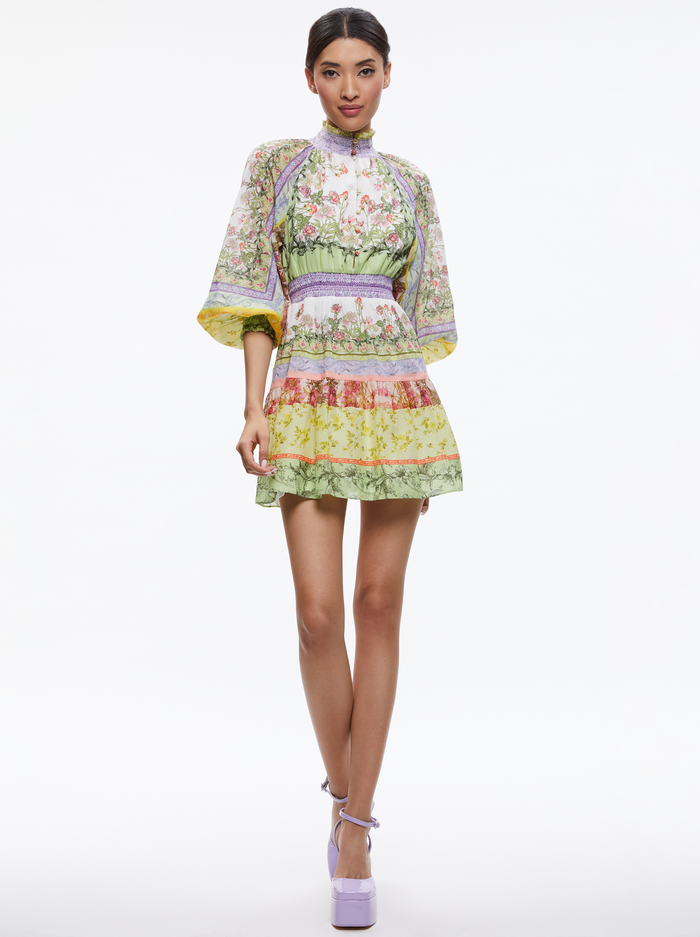 LAVINIA BLOUSON SLEEVE MINI DRESS - FLORAL FEST - Alice And Olivia