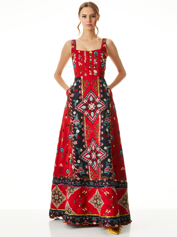 PAM EMBELLISHED CORSET GOWN - BRIGHT POPPY/ MULTI - Alice And Olivia