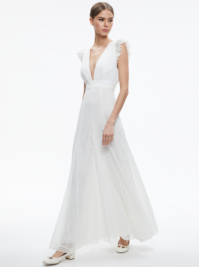 VANNA V-NECK RUFFLE SLEEVE MAXI DRESS - WHITE image 4 - Alice And Olivia