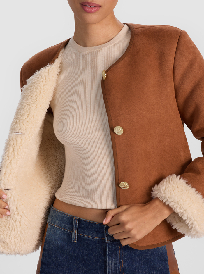 ALMA VEGAN SUEDE TEDDY JACKET - OFF WHITE/CAMEL image 3 - Alice And Olivia