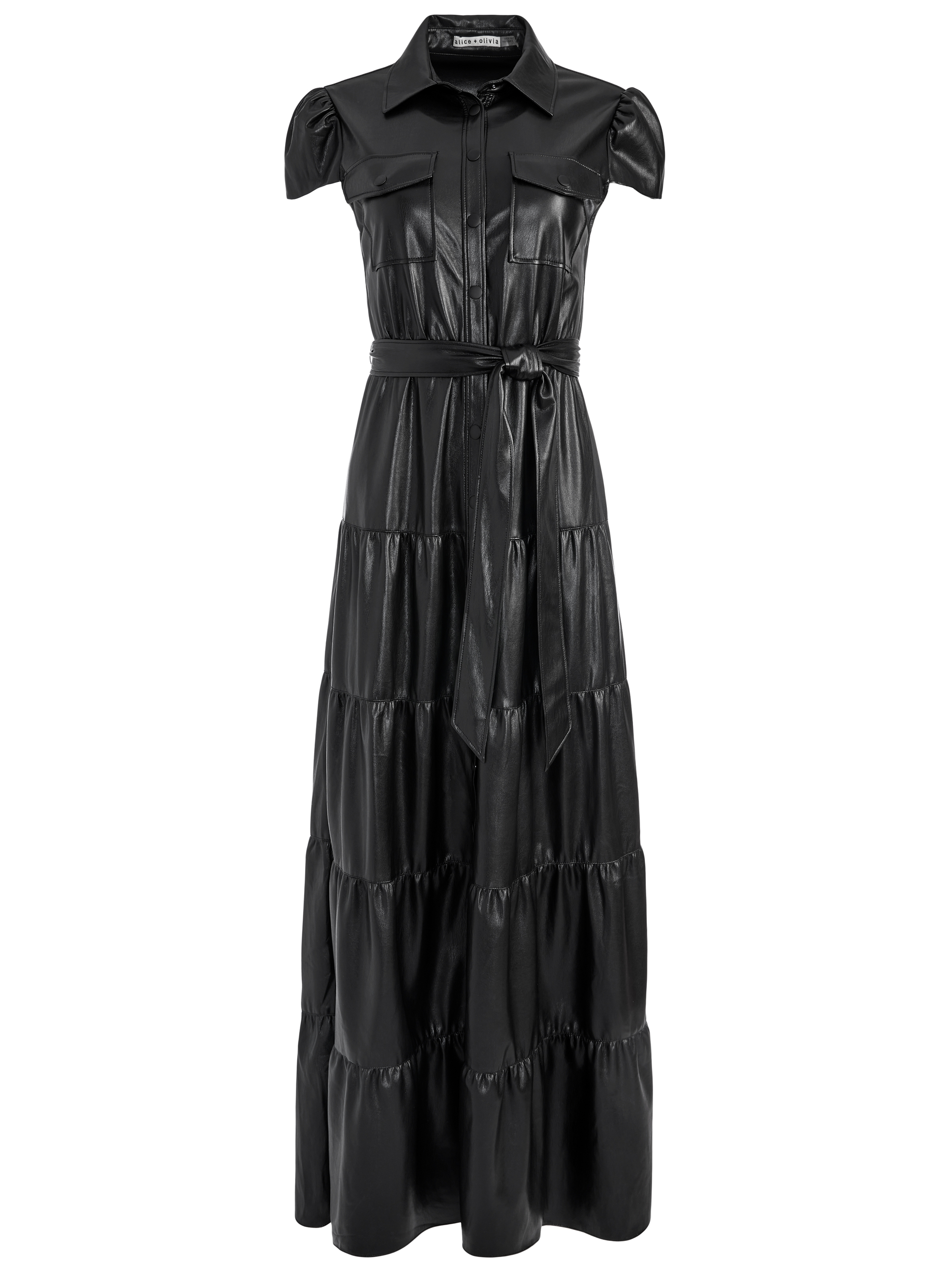 Miranda Vegan Leather Tiered Maxi Dress In Black | Alice And Olivia
