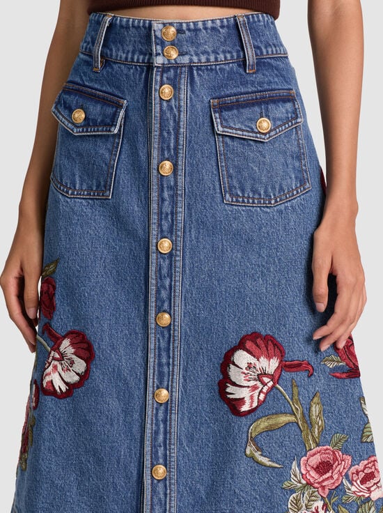 BROOKLYN BLUE/MULTI-DAHLIA EMBROIDERED DENIM SKIRT