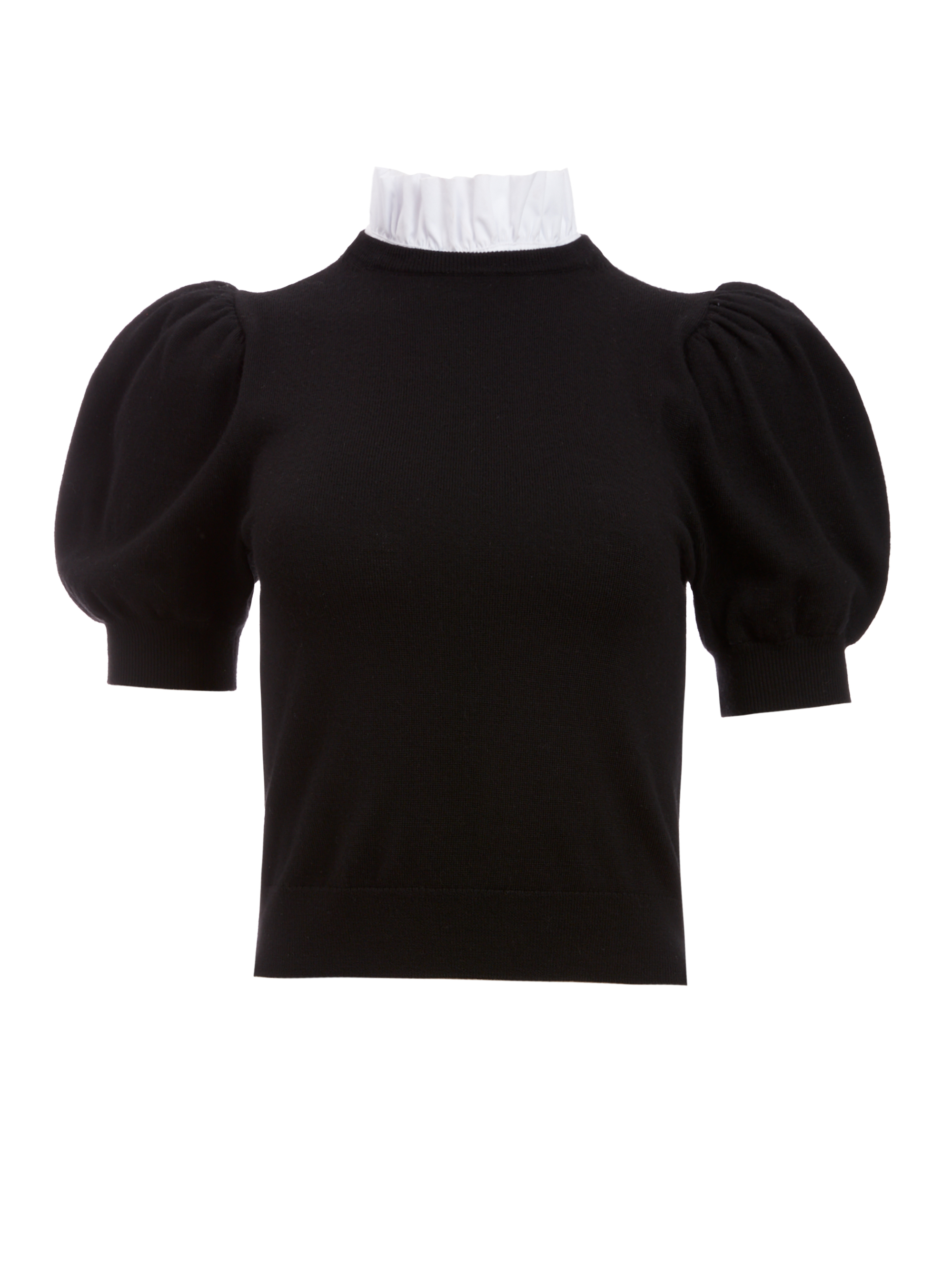 Chase Puff Sleeve Sweater With Collar In Black/white | Alice And Olivia