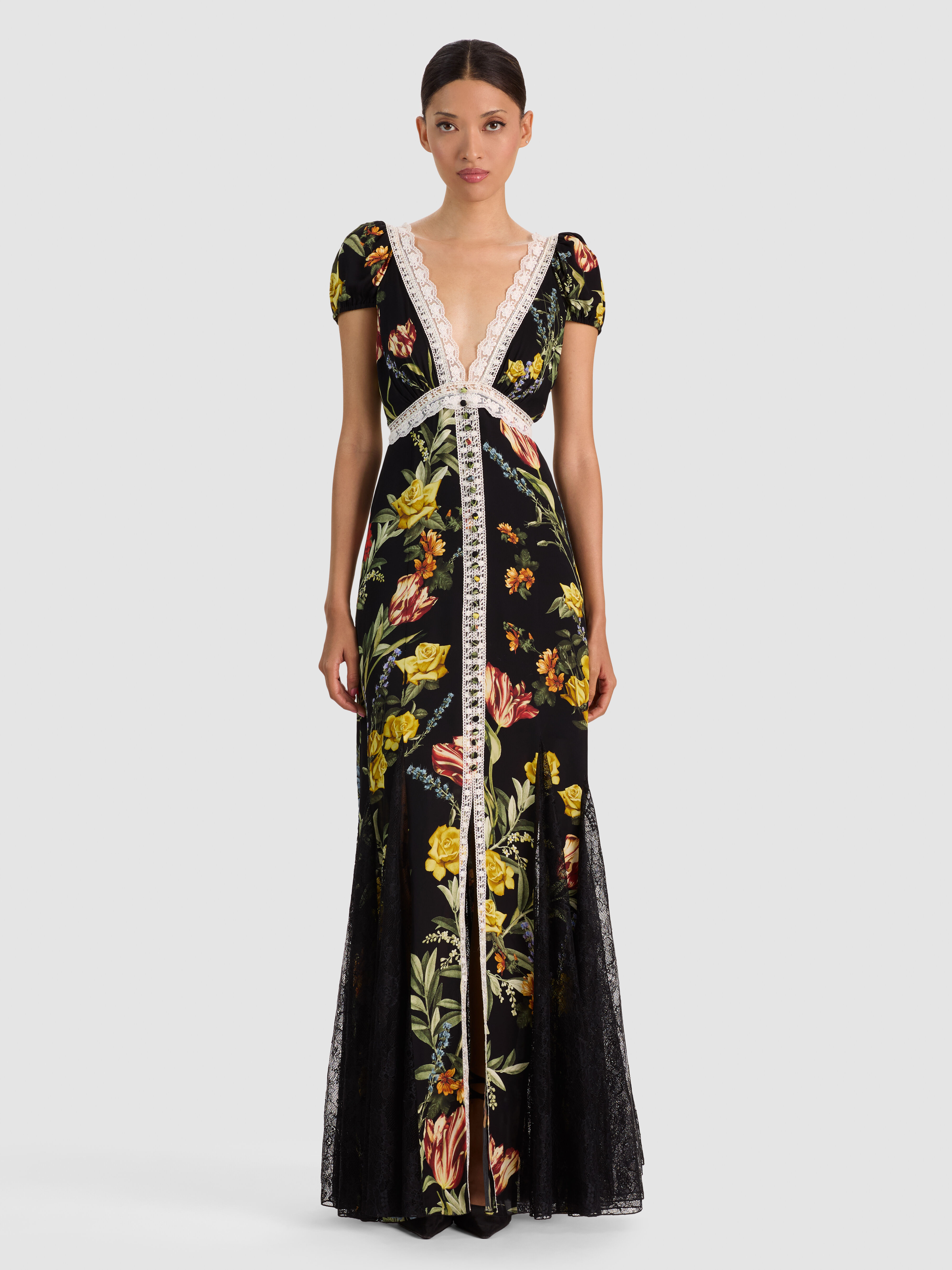 ROSE BUTTON FRONT MAXI DRESS in DESERT SPRIGS BLACK | ALICE + OLIVIA