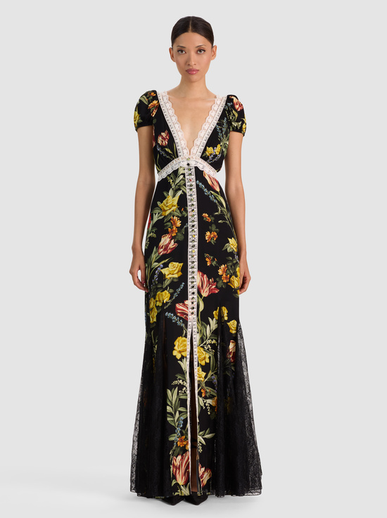 DESERT SPRIGS BLACK-ROSE BUTTON FRONT MAXI DRESS