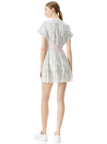 MONTEREY DITSY SOFT WHITE-KEELA SMOCKED WAIST MINI DRESS-