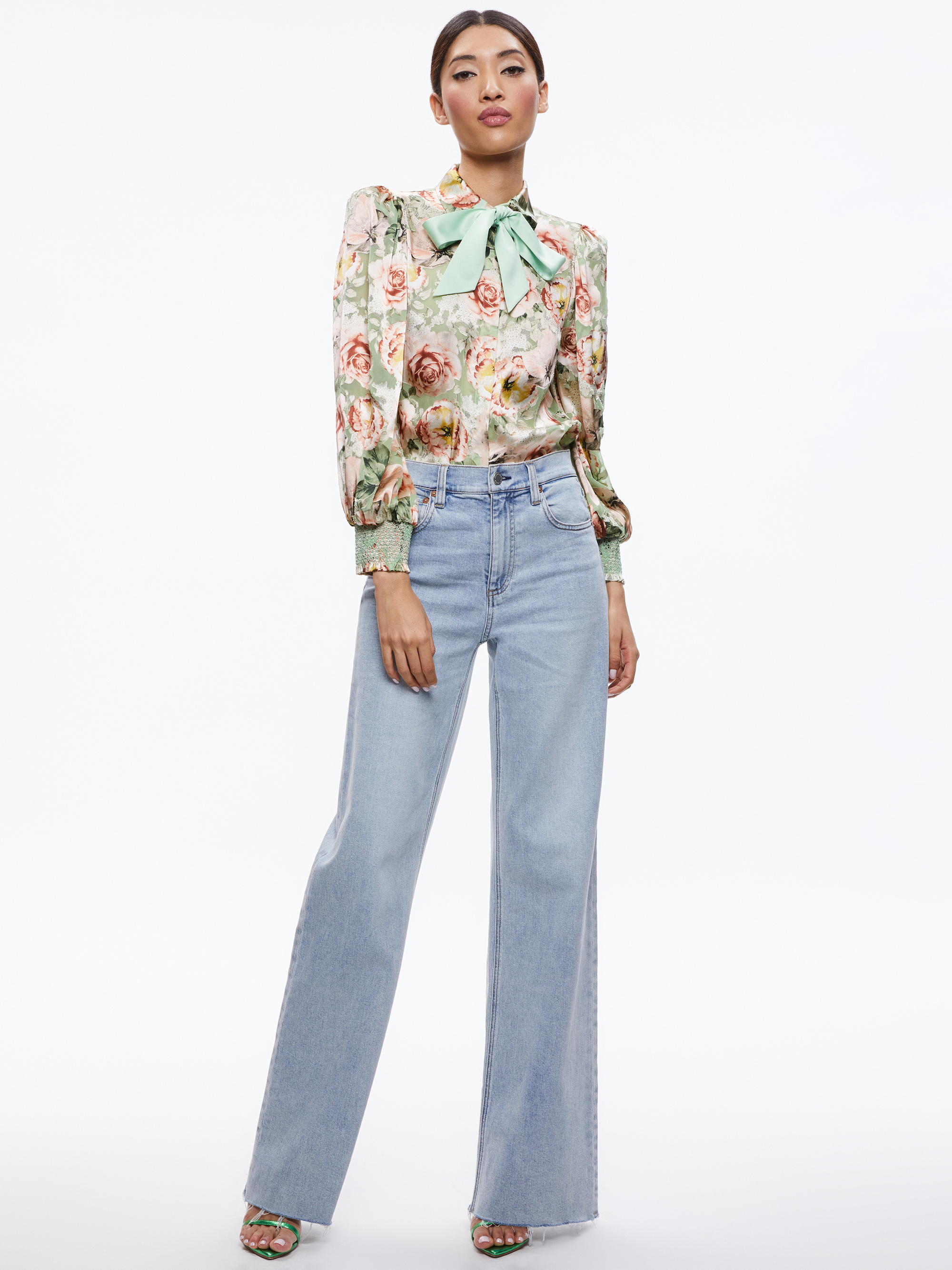 Brentley Tie Neck Blouson Sleeve Blouse In Morningside Floral Pistachio