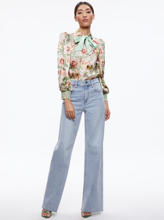 BRENTLEY TIE NECK BLOUSON SLEEVE BLOUSE - MORNINGSIDE FLORAL PISTACHIO image 2 - Alice And Olivia