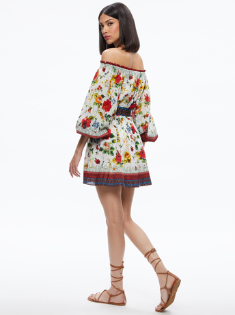 DEW FLORAL-MARY OFF SHOULDER TIE BELT DRESS