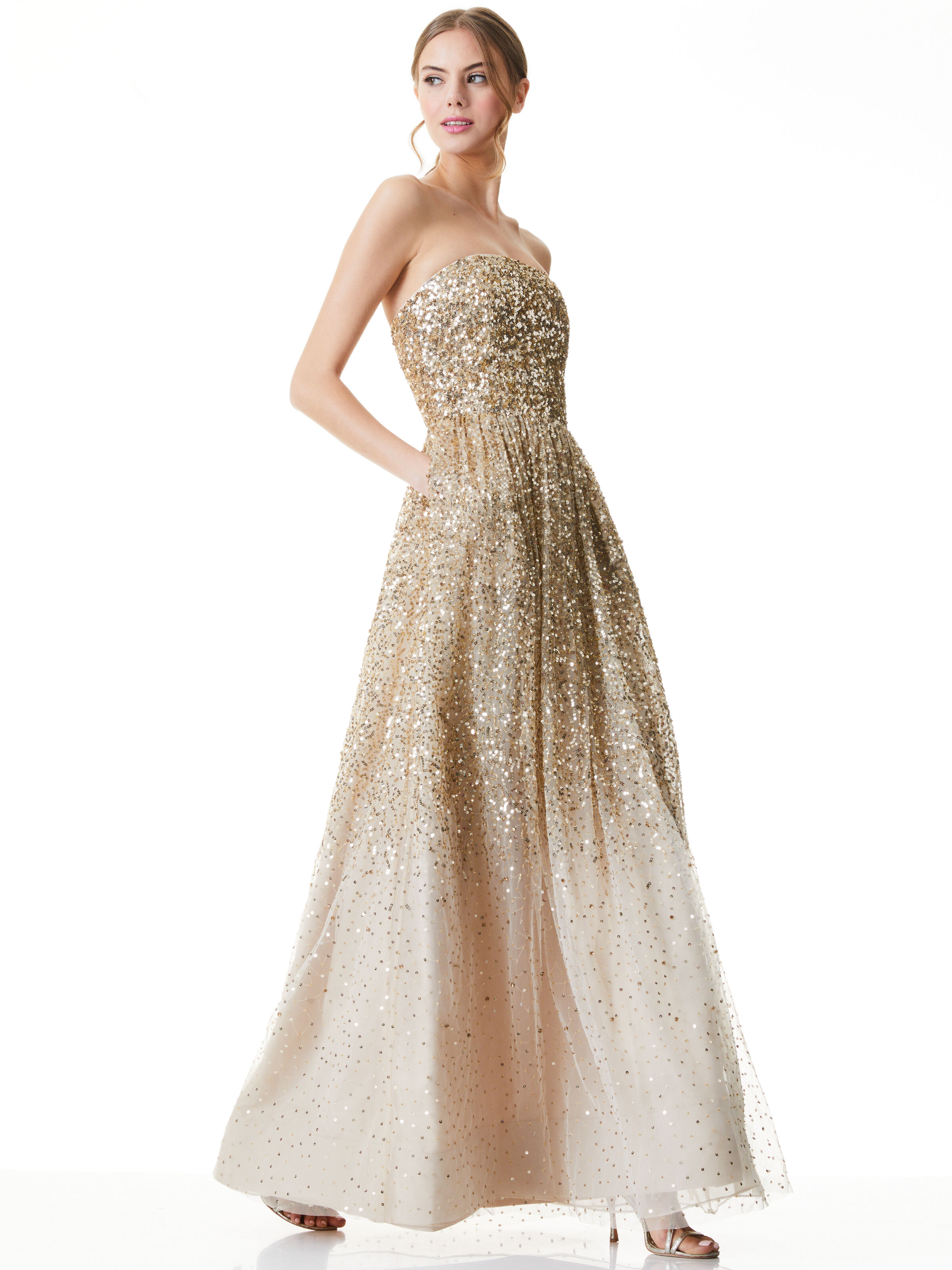 Daisy Sequin Strapless Gown In Pale Gold Alice Olivia
