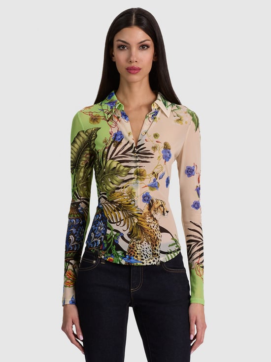 RIVIERA CITRUS-JADE MESH BUTTON DOWN