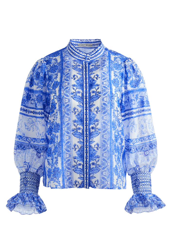 ILAN SMOCKED SLEEVE BUTTON FRONT BLOUSE - GREEK TILE image 5 - ALICE + OLIVIA