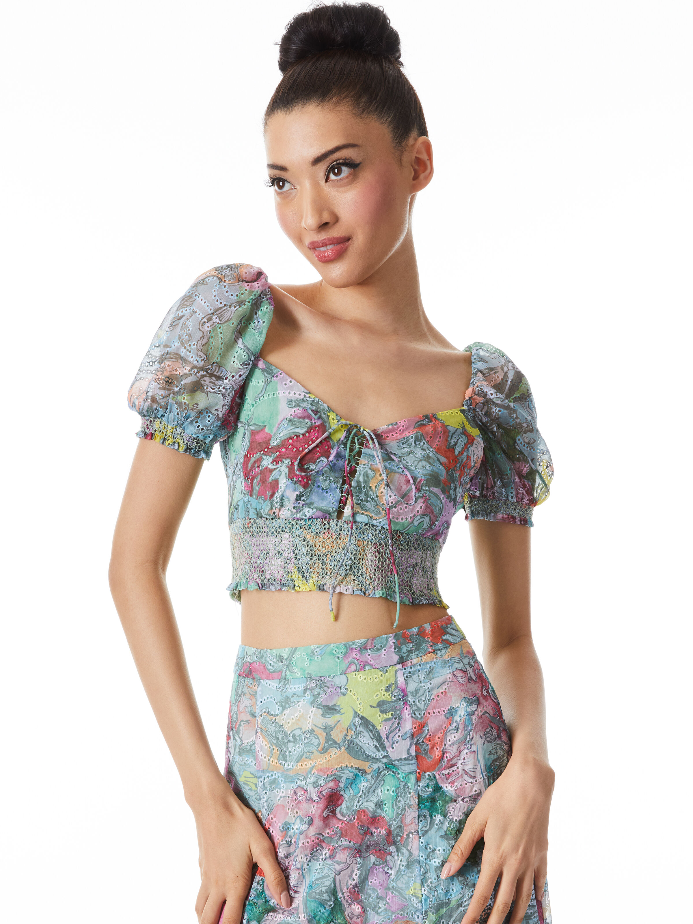 A+o X Lola Schnabel Crawford Lace Up Smock Waist Top In