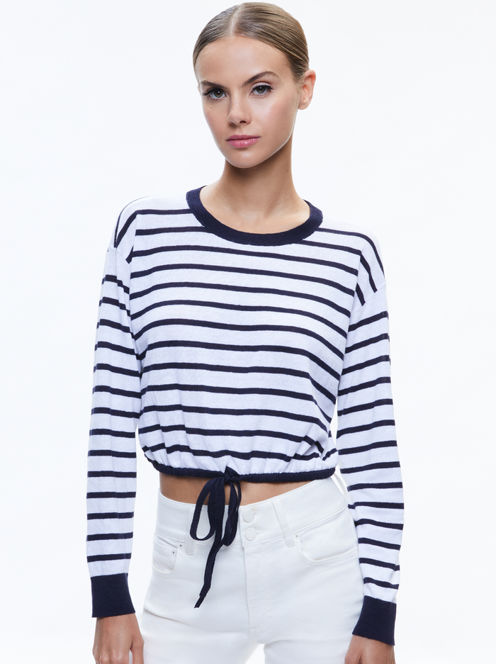 BERNETTA CROPPED DRAWSTRING PULLOVER - SOFT WHITE/INDIGO - Alice And Olivia