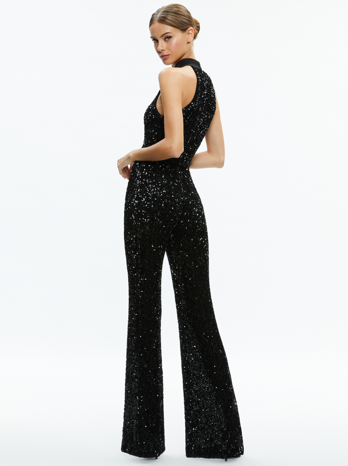 CATALINE SEQUIN HIGH NECK WIDE LEG JUMPSUIT - BLACK image 1 - Alice And Olivia