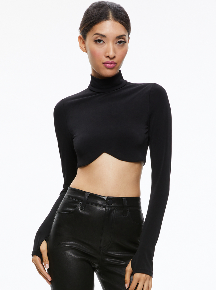 MELANGE CURVED CROPPED TURTLENECK - BLACK - Alice And Olivia