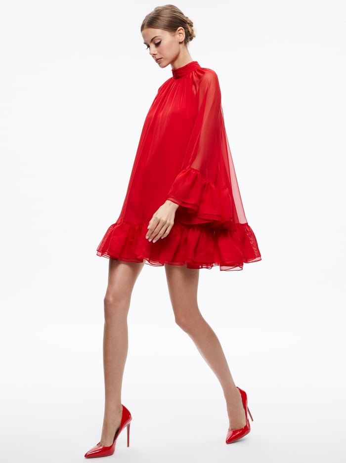 ERNA MOCK NECK CAPE SLEEVE MINI DRESS - PERFECT RUBY image 4 - Alice And Olivia
