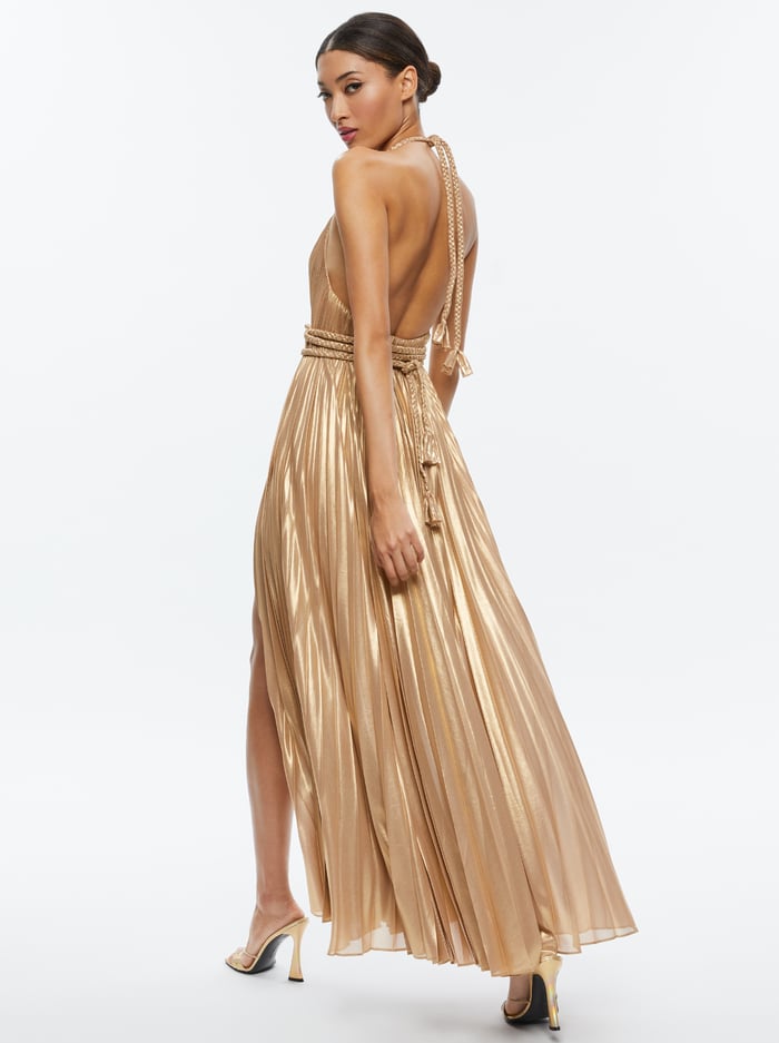 TRESA PLEATED MAXI DRESS WITH SLIT - GOLD image 2 - Alice And Olivia