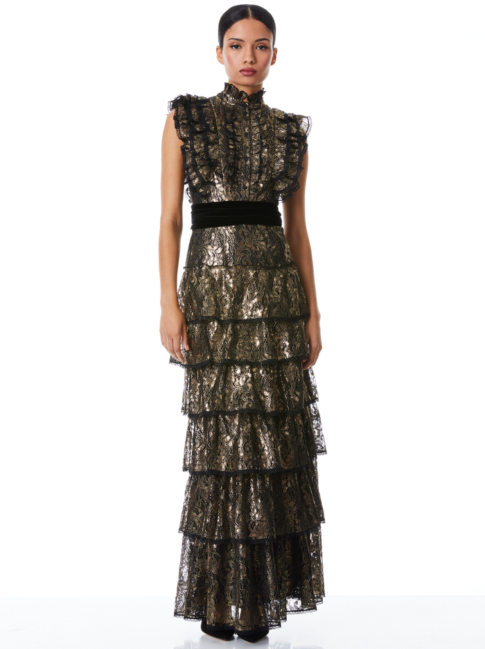 TAHARA RUFFLE SLEEVE TIERED MAXI DRESS - BLACK/GOLD - Alice And Olivia