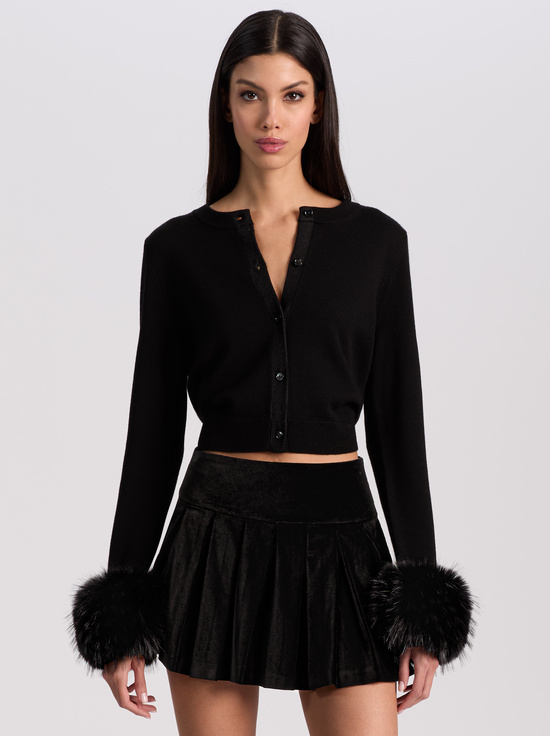 BLACK-DOLLIE FAUX FUR CUFF CARDIGAN