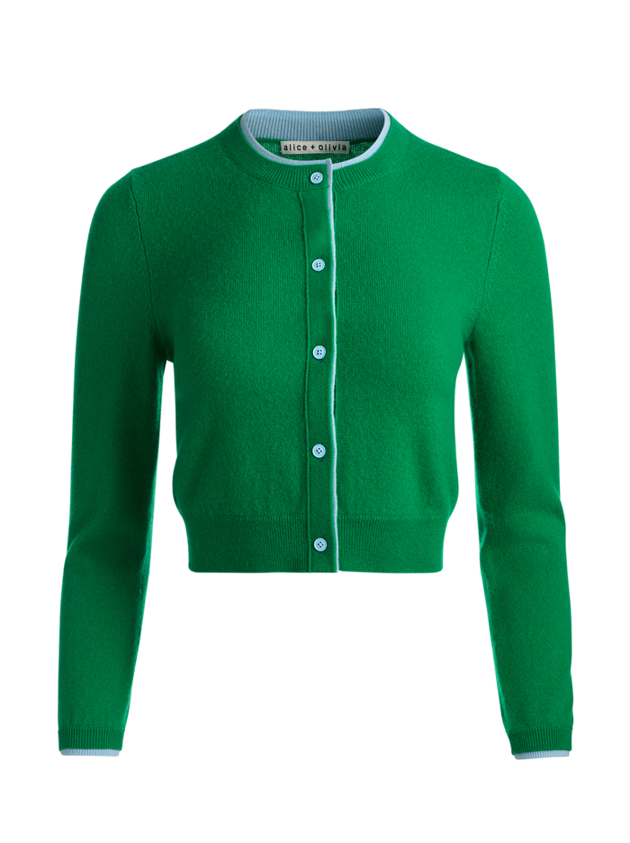 DOLLIE TWO TONE CASHMERE CARDIGAN - GREEN APPLE/CAROLINA BLUE image 6 - ALICE + OLIVIA