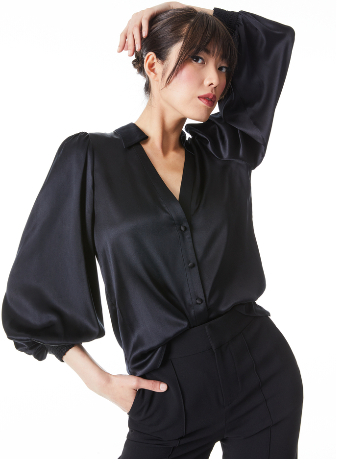 COSIMA BUTTON DOWN BLOUSE - BLACK - Alice And Olivia