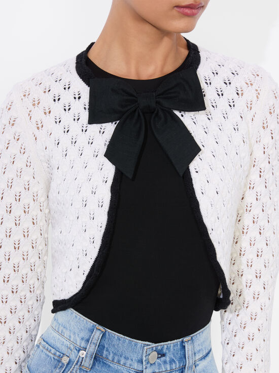 SOFT WHITE/BLACK-DANNIE SHRUG BOW CARDIGAN