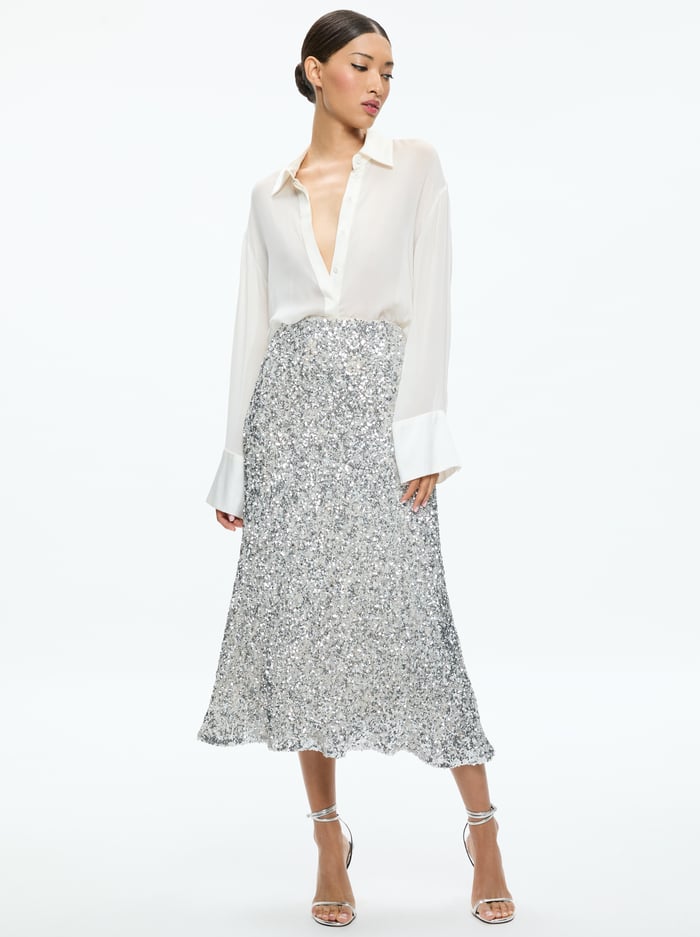 MAEVE SEQUIN KICK FLARE SLIP SKIRT - CHAMPAGNE/SILVER image 4 - Alice And Olivia