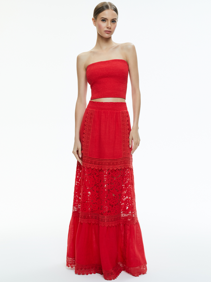 PENELOPE SMOCKED STRAPLESS CROP TOP + REISE EMBROIDERED TIERED MAXI SKIRT - 