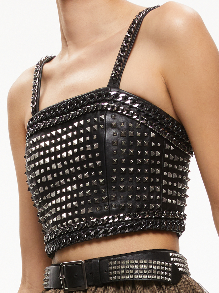 CERESI CHAIN STRAP STUDDED TOP - BLACK/ANTIQUE NICKEL image 2 - Alice And Olivia