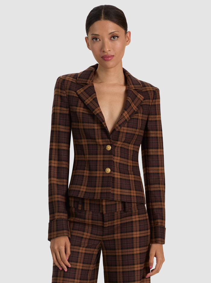 MACEY CROPPED FITTED BLAZER - DARK CHOCOLATE/CAMEL - ALICE + OLIVIA