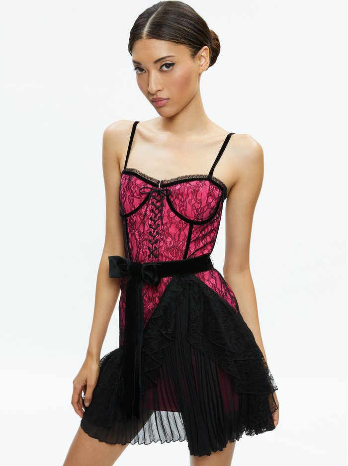 CHANTIL LACE RUFFLE MINI GOWN - BLACK/WILD PINK image 2 - Alice And Olivia