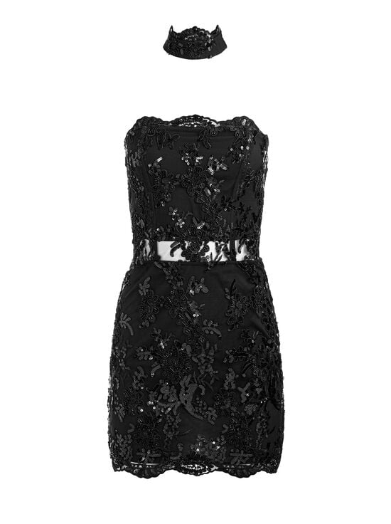 BLACK-GEORGIE EMBELLISHED LACE MINI DRESS