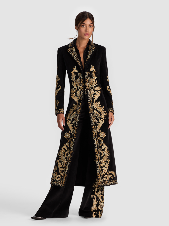MACEY EMBROIDERED LONG BLAZER - BLACK/GOLD - Alice And Olivia