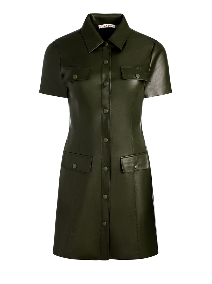 JAMIE VEGAN MINI DRESS - DARK OLIVE image 5 - Alice And Olivia