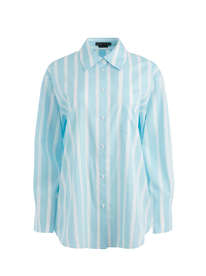 FINELY OVERSIZED LONG BUTTON DOWN SHIRT - DREAM STRIPE SPRING SKY image 5 - Alice And Olivia