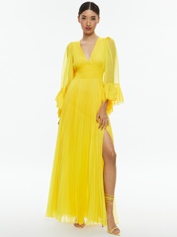 SELENE DEEP V NECK PLEATED MAXI DRESS - HAPPY YELLOW image 3 - Alice And Olivia