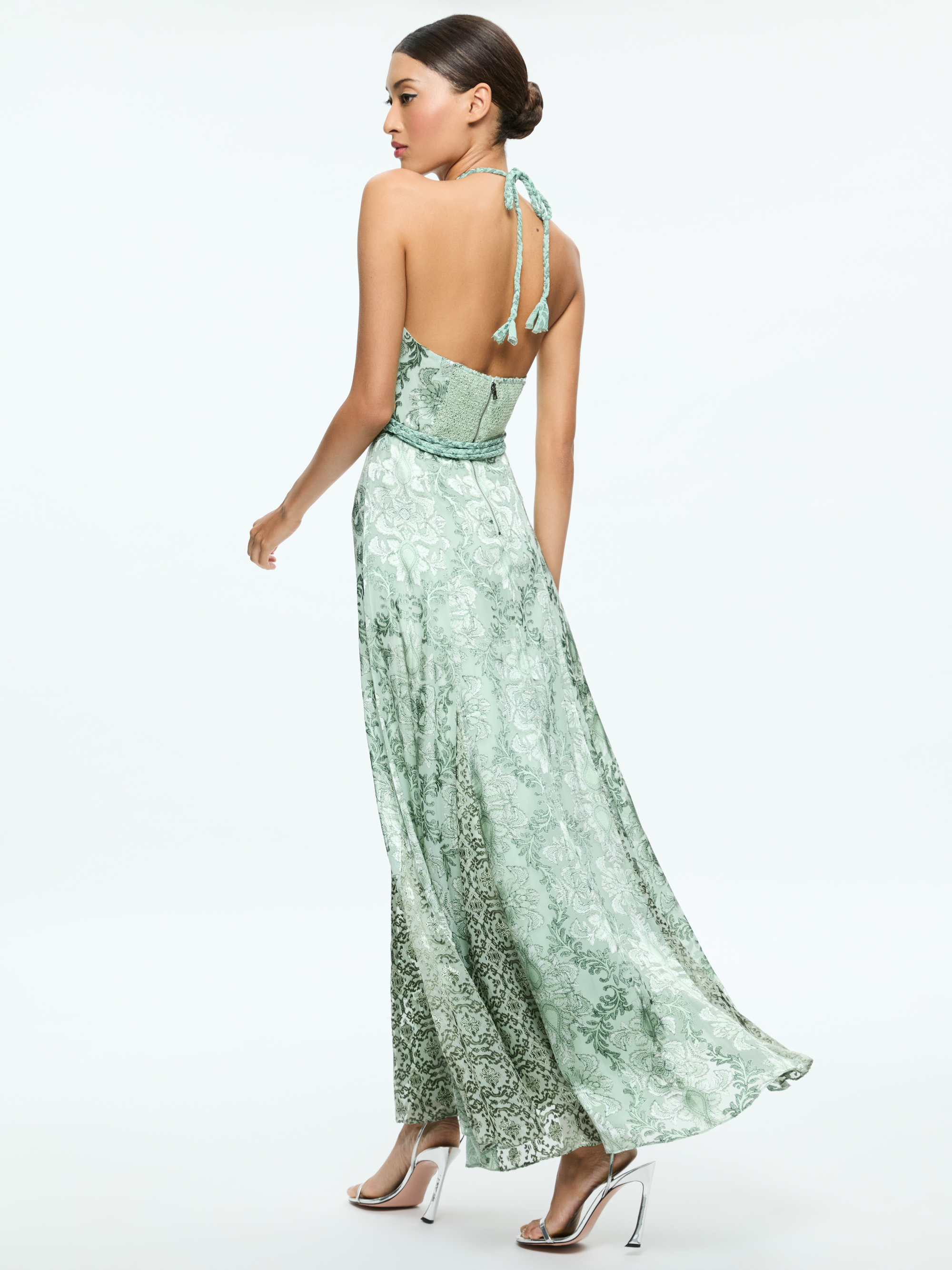 Danika Halter Maxi Dress With Belt In Vanity Pistachio Alice + Olivia