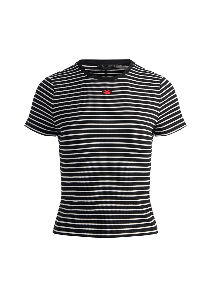 CINDY CROPPED TEE - BLACK/OFF WHITE STRIPE image 5 - ALICE + OLIVIA