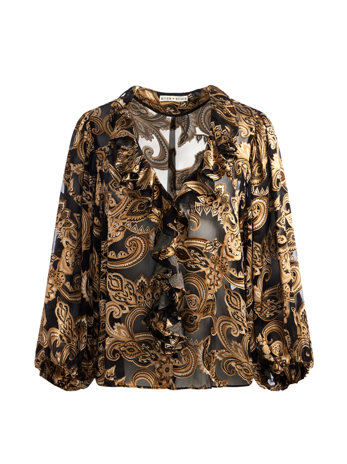 BETSIE RUFFLED BLOUSE - SPRING PAISLEY BLACK image 5 - Alice And Olivia