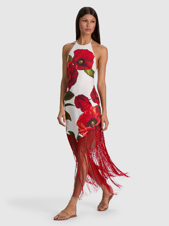 SUMMER POPPY-MALLORY LINEN FRINGE MIDI DRESS