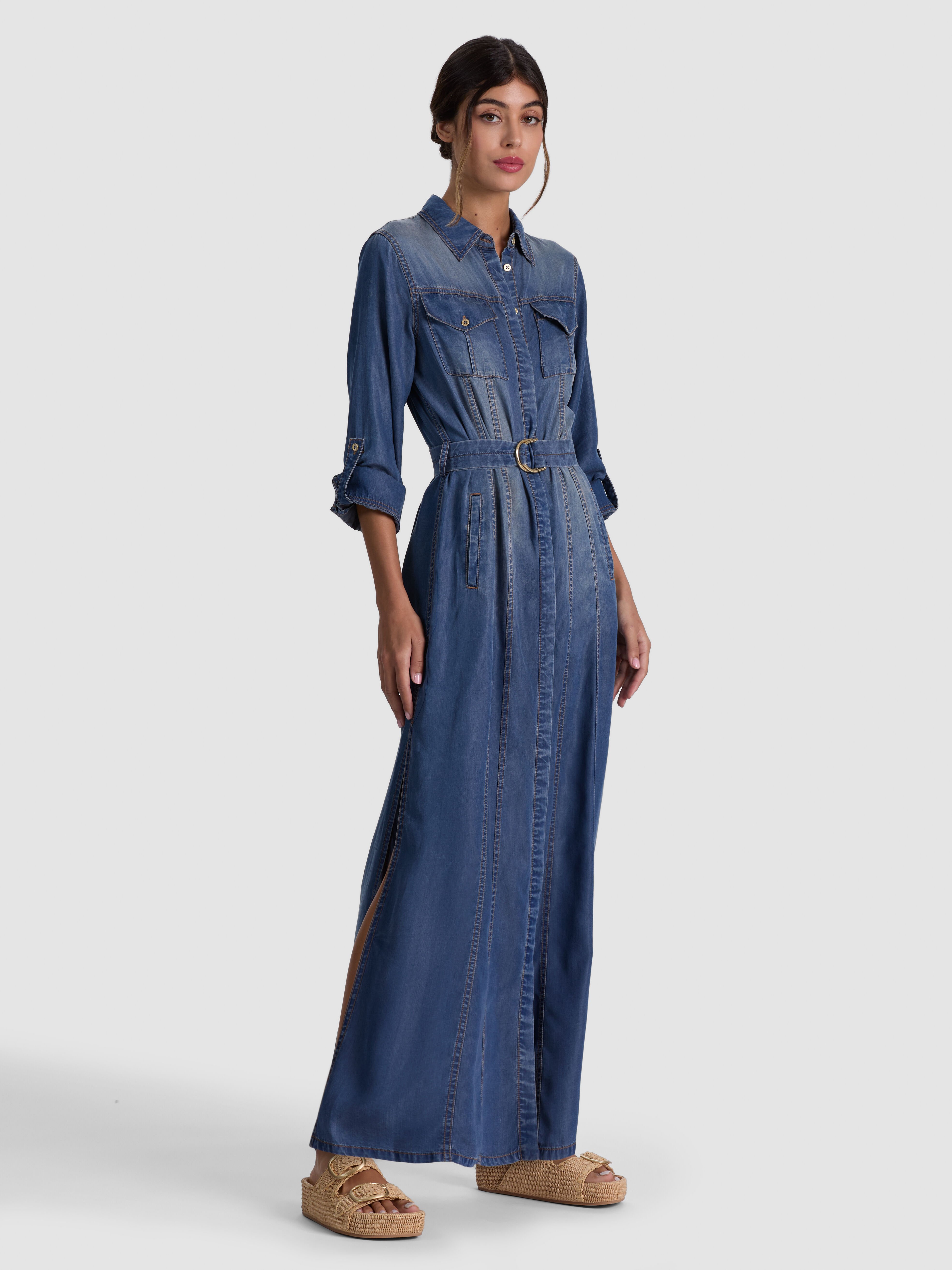 CHASSIDY MAXI DENIM DRESS in FLORENCE VINTAGE BLUE | ALICE + OLIVIA
