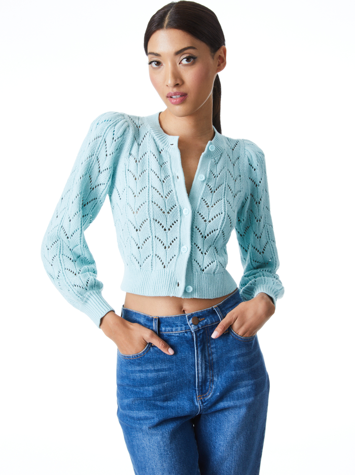 Kitty Puff Sleeve Cardigan In Waterfall Alice And Olivia
