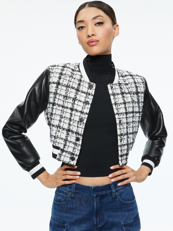 CAMELIA CROPPED COMBINATION VARSITY JACKET - OFF WHITE/BLACK - Alice And Olivia