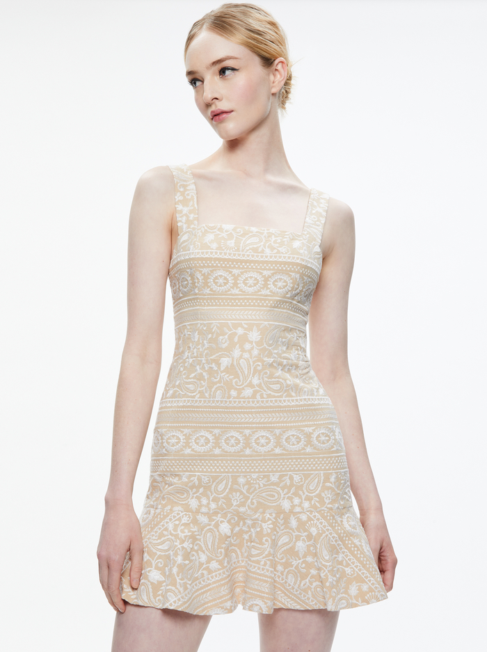 KAIDRA SQUARE NECK DROP WAIST MINI DRESS - NATURAL/WHITE image 2 - Alice And Olivia