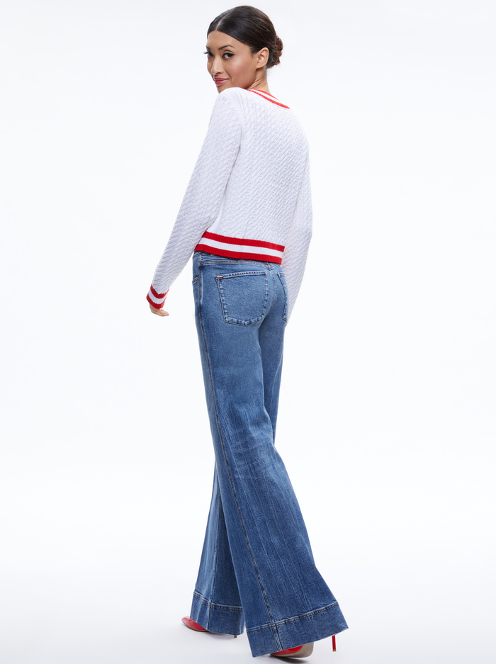 MARIKA CABLE KNIT V-NECK PULLOVER - SOFT WHITE/PERFECT RUBY image 1 - Alice And Olivia