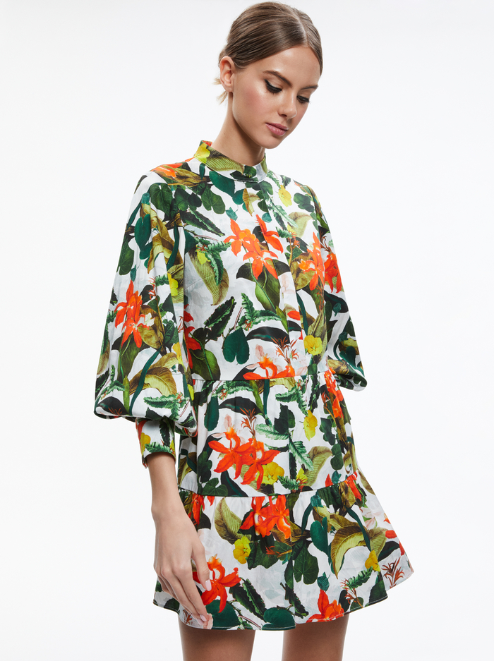 CAILIN BUTTON FRONT BLOUSON SLEEVE MINI DRESS - TROPICAL SUNRISE OFF WHITE image 2 - Alice And Olivia