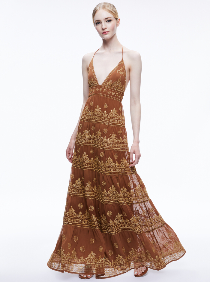 KAROLINA EMBROIDERED HALTER NECK MAXI DRESS - CAMEL/GOLD - Alice And Olivia